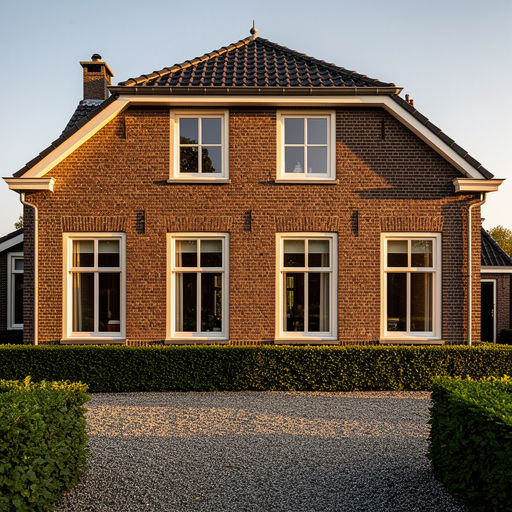 Vrijstaande bakstenen woning in het Gooi bij Bussum met nieuwe witte kunststof kozijnen en een strakke voortuin