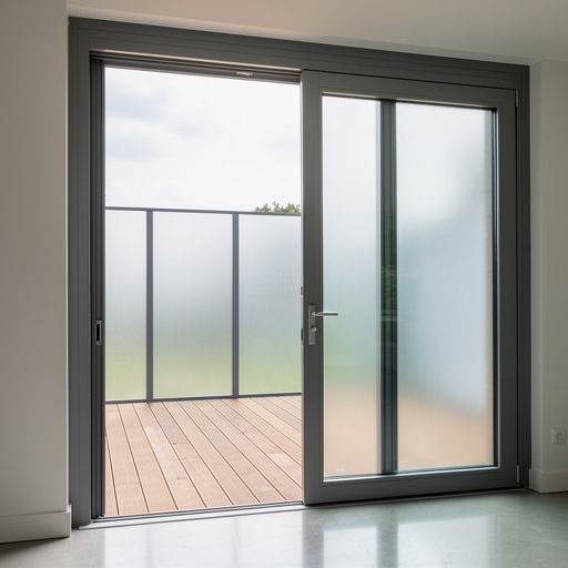Antraciet kunststof schuifpui met toegang tot een tuin