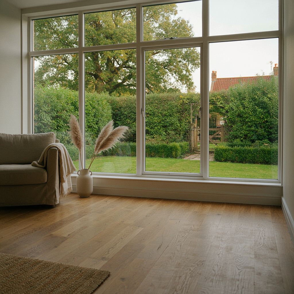 Lichte woonkamer in Diemen met een grote kunststof raampartij die uitkijkt op een groene achtertuin
