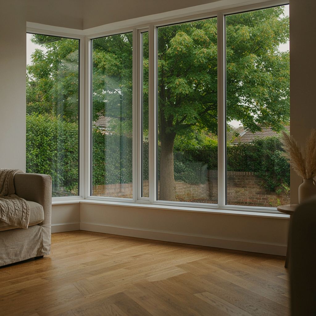 Ruime zithoek in een Soester woning met hoge kunststof raampartijen die uitkijken op een bosrijke tuin