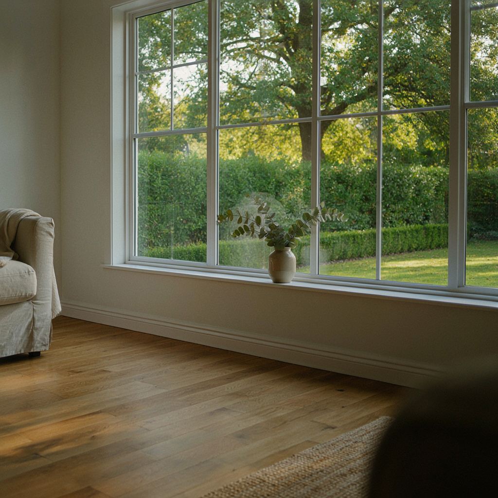 Woonkamer in Naarden met vloer-tot-plafond kunststof ramen en uitzicht op een groene tuin