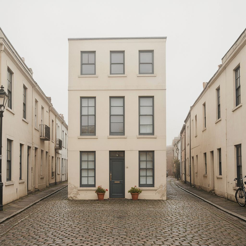 Jaren-50 rijtjeshuis met donkergrijze antraciet kunststof kozijnen in een straat in Naarden