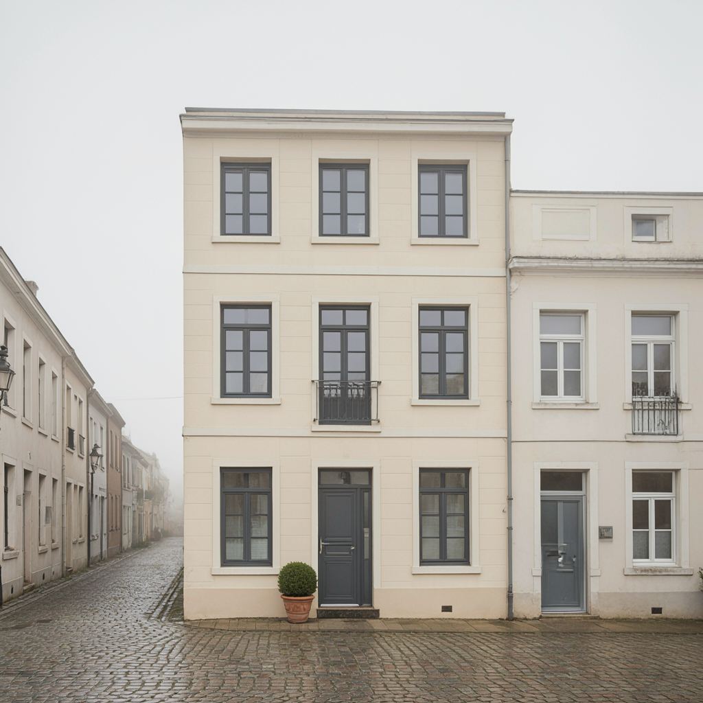 Jaren-50 rijtjeshuis met donkergrijze antraciet kunststof kozijnen in een straat in s-Graveland
