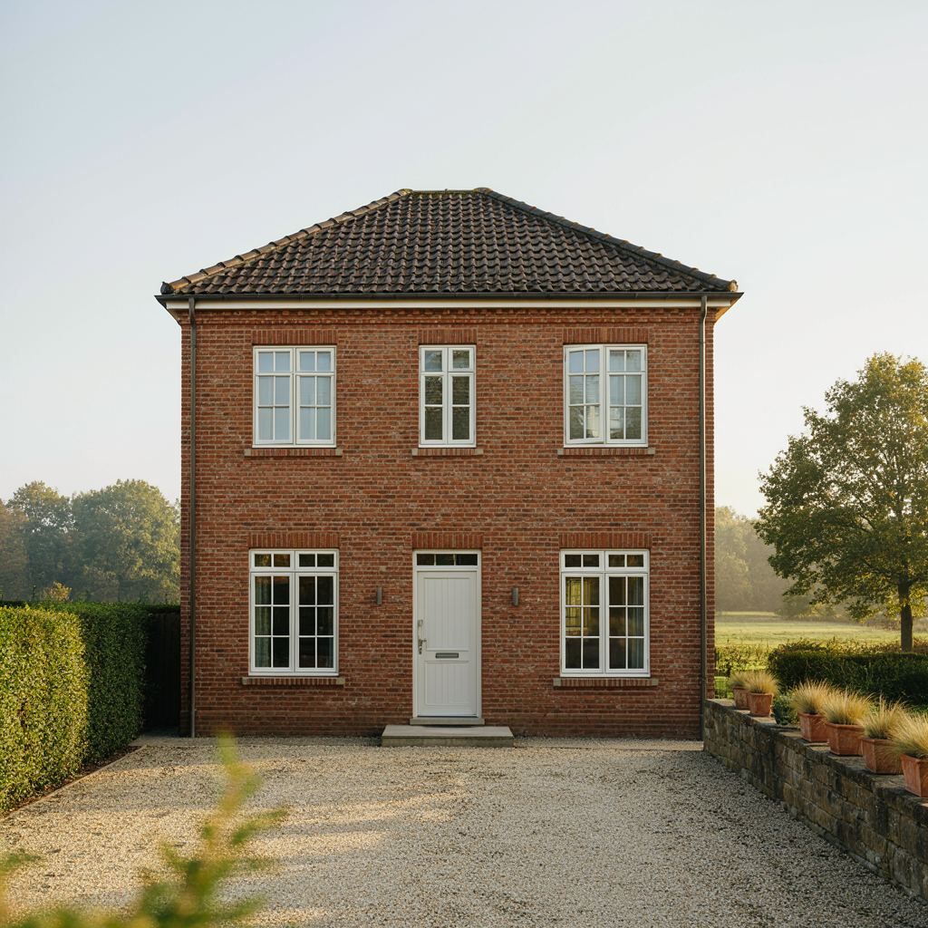 Vrijstaande bakstenen woning in het Gooi bij Nederhorst den Berg met nieuwe witte kunststof kozijnen en een strakke voortuin