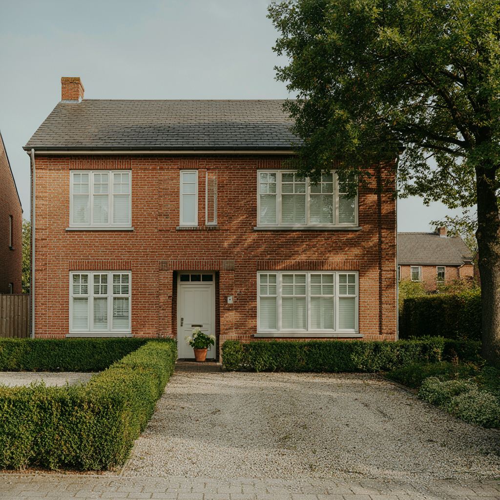 Vrijstaande bakstenen woning in Naarden met nieuwe witte kunststof kozijnen en een strakke voortuin