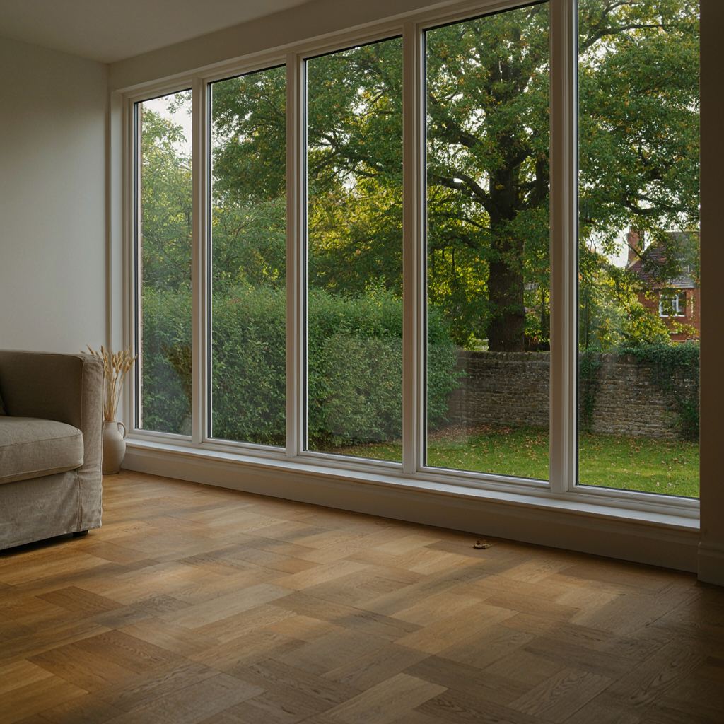 Zonnige woonkamer in Vinkeveen met een grote glazen schuifpui naar de tuin en uitzicht op het water