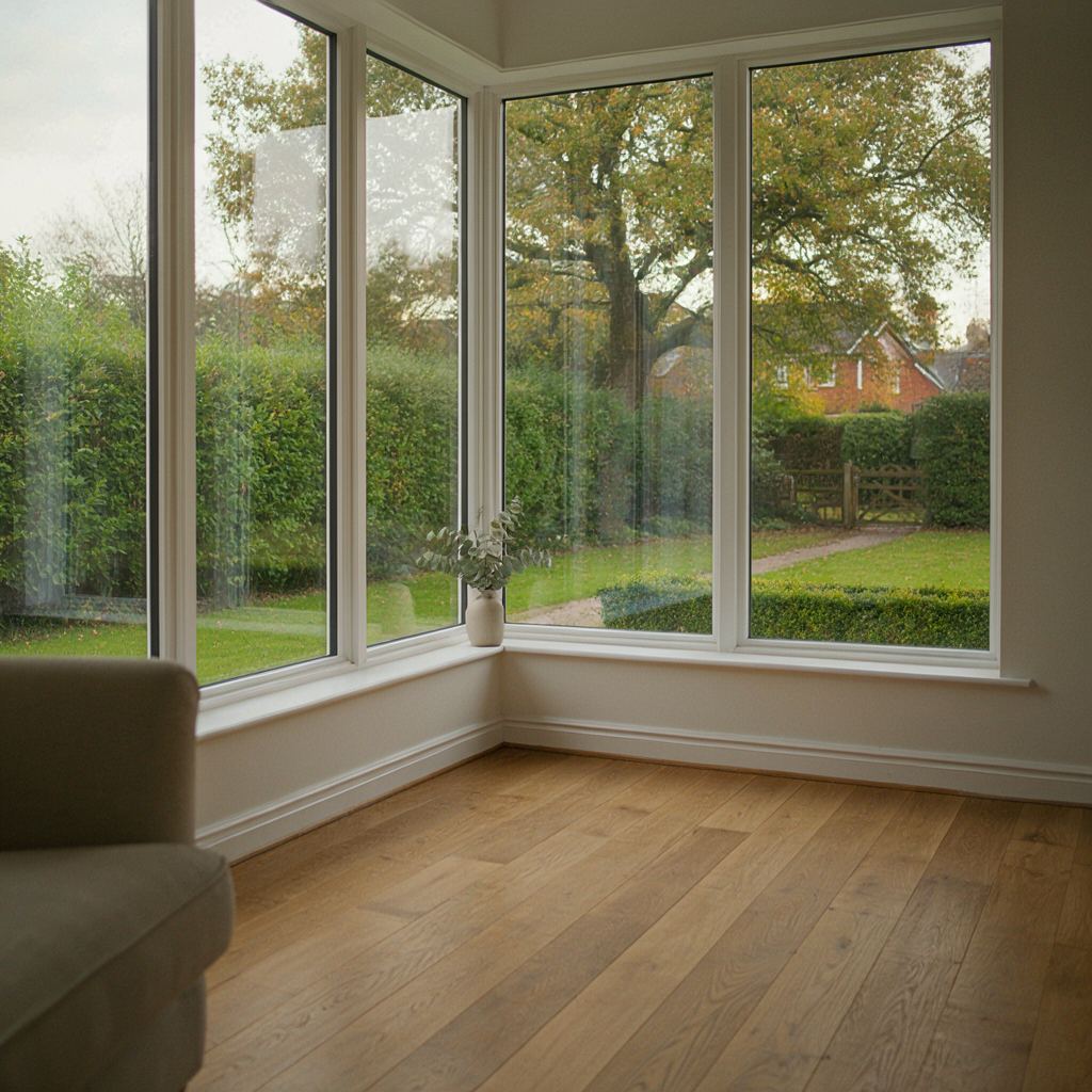 Woonkamer in Huizen met vloer-tot-plafond kunststof ramen en uitzicht op een groene tuin