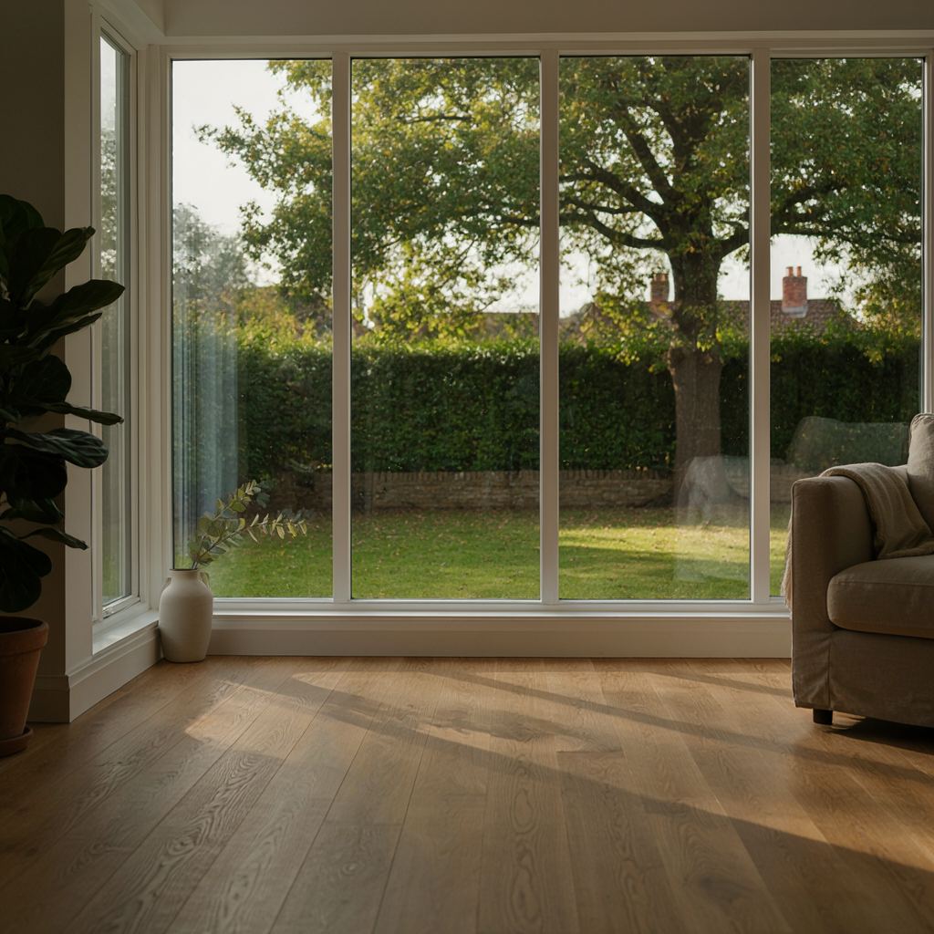 Woonkamer in Nederhorst den Berg met vloer-tot-plafond kunststof ramen en uitzicht op een groene tuin