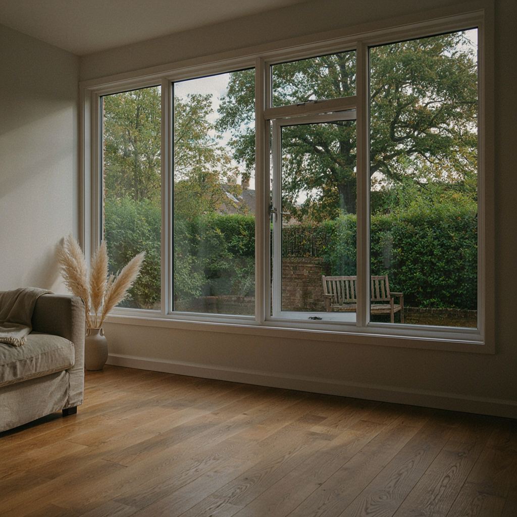 Moderne woonkamer in Hilversum met een brede kunststof pui die uitzicht geeft op een diepe, groene achtertuin