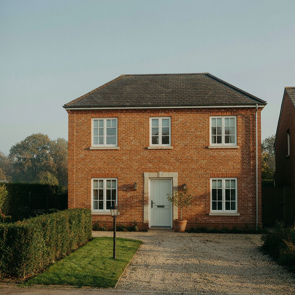 Vrijstaande bakstenen woning in het Gooi bij Bussum met nieuwe witte kunststof kozijnen en een strakke voortuin