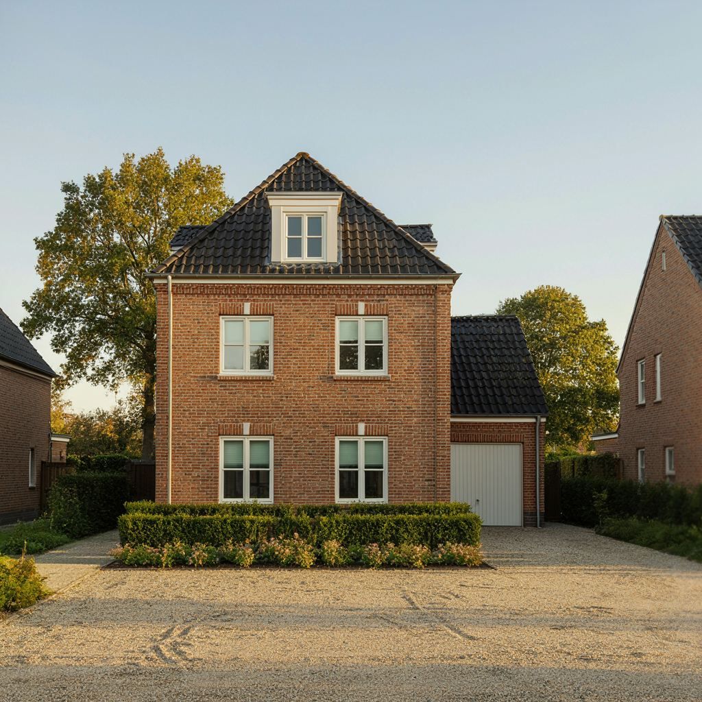 Vrijstaande bakstenen woning in het Gooi bij Naarden met nieuwe witte kunststof kozijnen en een strakke voortuin