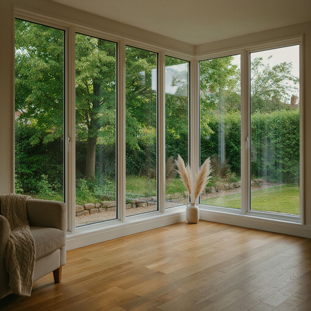 Woonkamer in s-Graveland met vloer-tot-plafond kunststof ramen en uitzicht op een groene tuin