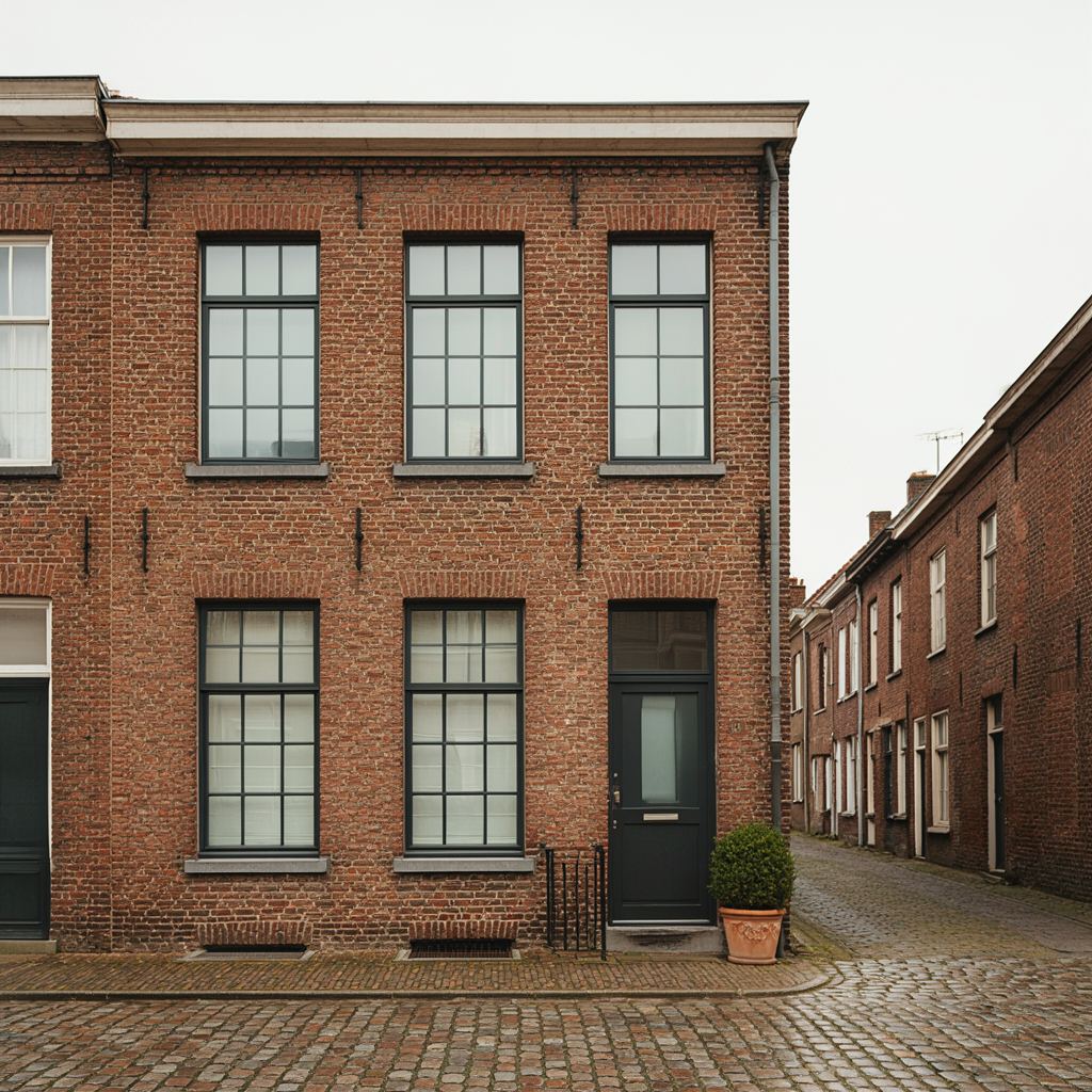 Jaren-50 huis met donkergrijze antraciet kunststof kozijnen in een straat in Loosdrecht