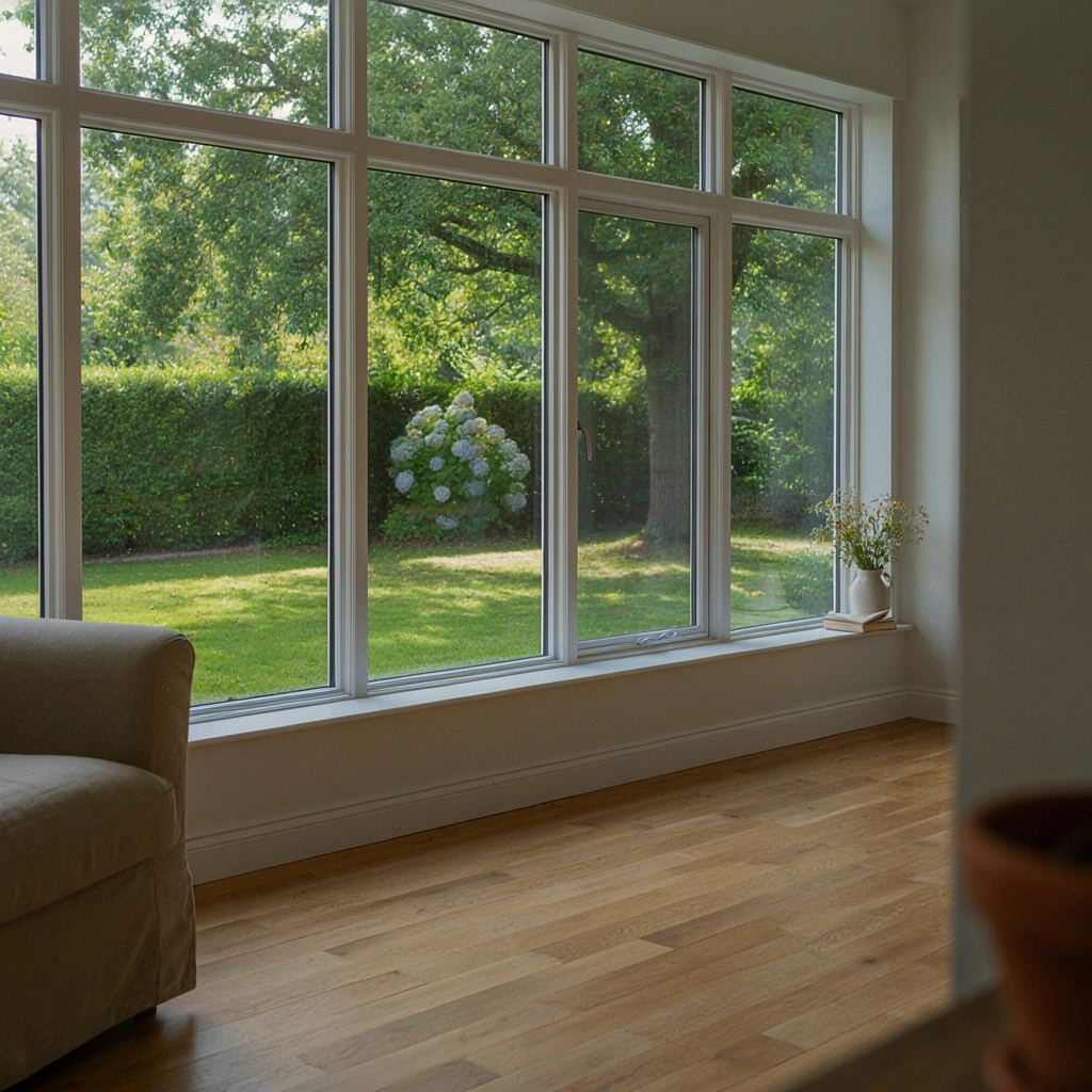 Lichte woonkamer in Bilthoven met een hoge kunststof glaspui die uitkijkt op een diepe achtertuin